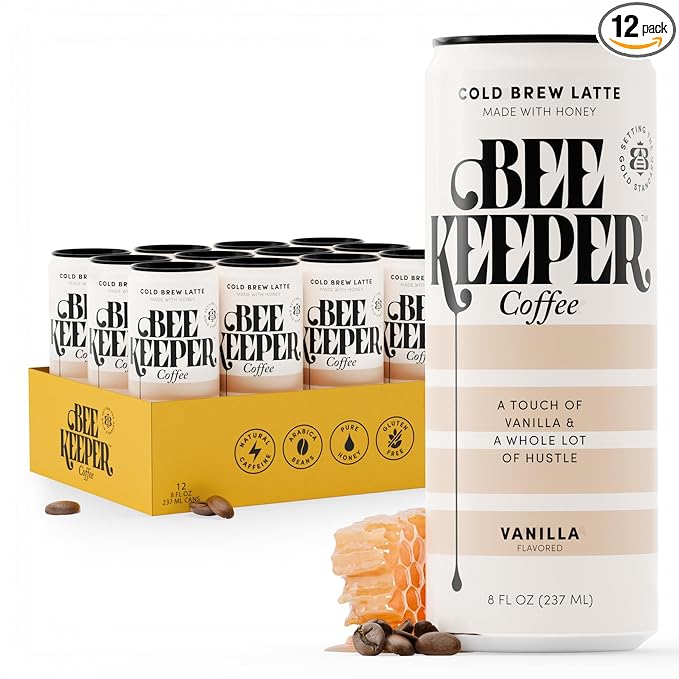 Beekeeper Vanilla Latte Cold Brew Coffee Drinks with Oregon Honey | 12 Pack Refreshing Iced Coffee - Unsweetened & Strong Arabica Brew, 8 fl oz Ready-to-Drink Can - 180mg Natural Caffeine
