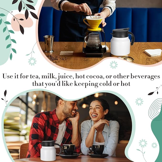 2 Pcs Thermal Coffee Carafe for Keeping Hot/Cold Stainless Steel Small Coffee Creamer Container Double Wall Vacuum Insulated Tea pot Beverage Dispenser for Milk Hot Chocolates (White,27 oz)