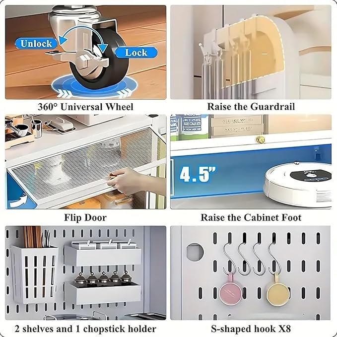 Bakers Rack with Wheels, 5-Tier Coffee Bar with Wheels, Microwave Stand with Storage, Kitchen Shelves for Kitchen Pantry, Storage Room, White