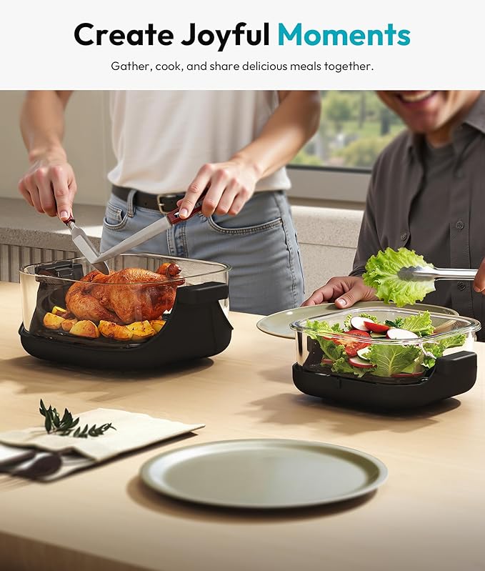 Portable Glass Air Fryer - 1500W, 4.2 QT & 6-Cup Dual Glass Containers with Lids, 4-in-1, 60 Min Timer, 140°F-400°F Adjustable, Microwave, Freezer & Dishwasher Safe, Grey