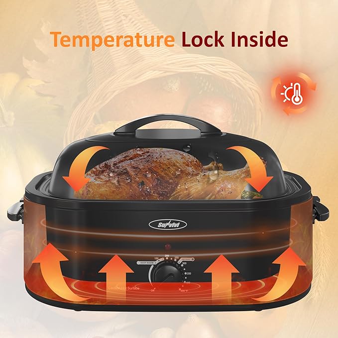 Sunvivi 18-Quart Roaster Oven with Self-Basting Lid, Electric Turkey Roaster Oven with Removable Pan and Rack, Stainless Steel, Grey
