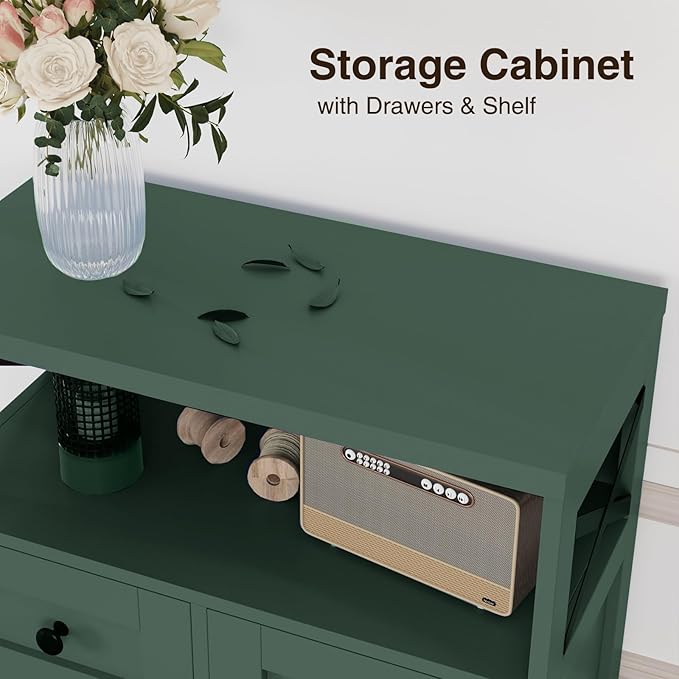 Farmhouse Dark Green Storage Cabinet with Barn Doors and 2 Drawers, Small Freestanding Kitchen Pantry Cabinet, Floor Storage Cabinets Hutch Cupboard for Kitchen/Laundry/Living Room/Bedroom