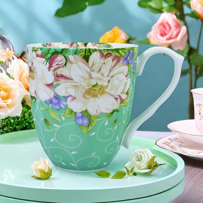 14oz Bone China Coffee Mugs for Women Floral Coffee Mug Tea Cups Novetly Coffee Cups Gift for Women Mom Friends (Green Magnolia)
