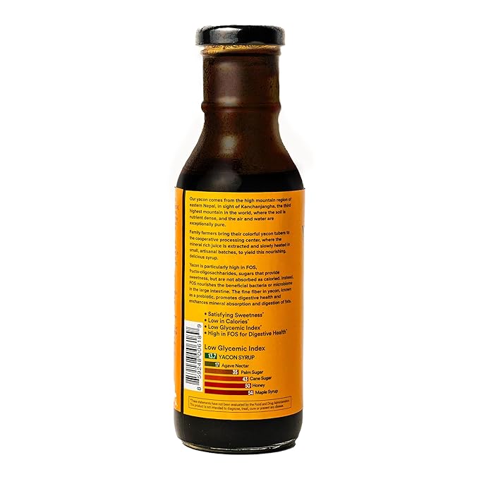 Global Family Farms Yacon Syrup 100% Organic, 9.5 Fl Oz Glass Bottle, Low Calorie, Satisfying Sweetness, Rich in Minerals, Low Glycemic, High in FOS/Prebiotic for Digestive Health