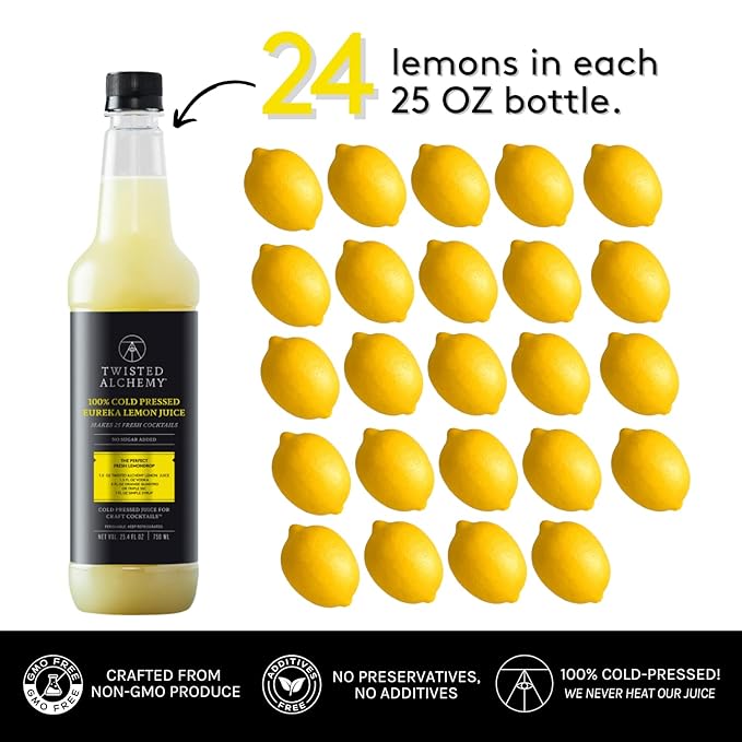 Twisted Alchemy Cold Pressed Fresh Juice For Craft Cocktails -Fresh, All Natural, Hand Squeezed Lemon Juice Cocktail Mixer - (25 Oz Bottle, Pack Of 3) - Preservative Free, Non-GMO, 100% Pure -