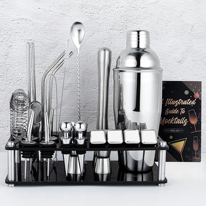 25-Piece Cocktail Shaker Set, Stainless Steel Bartender Kit with Acrylic Stand & Cocktail Recipes Booklet, Professional Bar Tools for Drink Mixing, Home, Bar, Party (Include 4 Whiskey Stones)