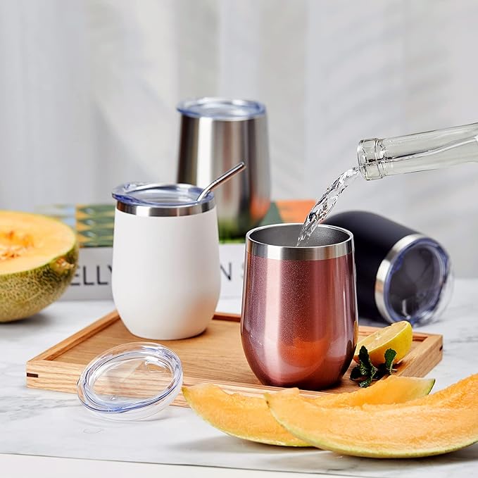 COMOOO Stainless Steel Wine Tumbler with Lid and Straw 12oz Double Wall Vacuum Insulated Travel Tumbler Cup for Coffee, Wine, Cocktails, Champagne (Black White Silver and Rose Gold,6 Pack)