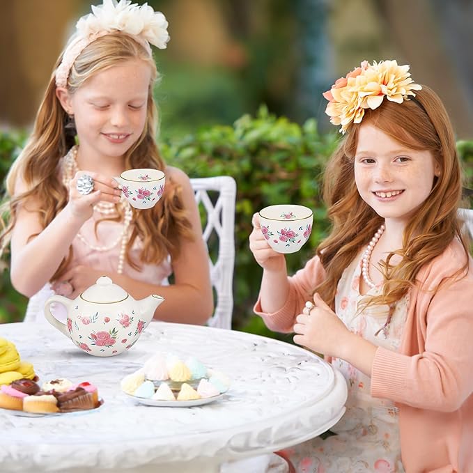 Porcelain Tea Set for Girls - Pink Ceramic Tea Cups with Pink Box - Glass Toy for Kids Party - Ideal Gift for Toddlers and Children's Ages 3 Years Old - Floral Design, 13 Pieces