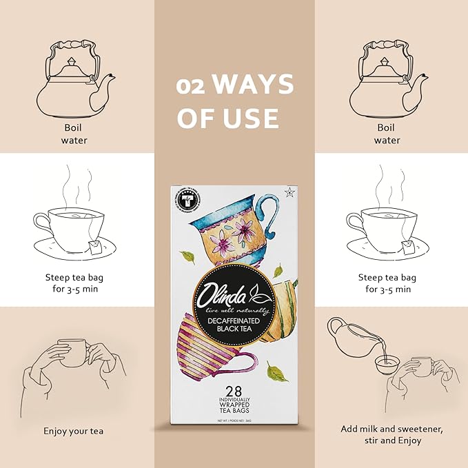 Olinda Organic Decaffeinated Black Tea 28 Individually Wrapped Tea Bags Gluten-Free Vegan Breakfast Black Tea Decaf