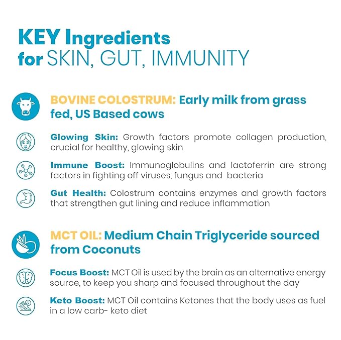 Bovine Colostrum with MCT Oil, Lactoferrin, IgG by Owl & Ox | Grass Fed, US Based | Skin Health, Gut Health and Immune Support | Sugar Free, Keto Friendly, Non GMO | Made in USA