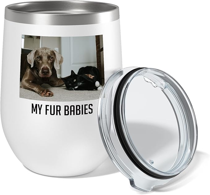 Personalized Mothers Day 12oz Photo Picture Printed Insulated Stainless Steel Powder Coated Stemless Wine Tumbler with Lid, Customized Mum Gift Idea for Her, Custom Mom Coach Gifts Team (White)