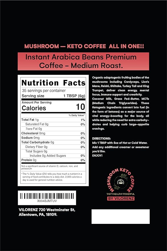 Vilorenz Mushroom-Keto Coffee. NO AFTER TASTE. Organic Adaptogenic Mushrooms, Grass Fed Butter and MCT Oil for Keto lifestyle. Premium Instant Arabica Beans, Medium Roast. 100% COFFEE TASTE