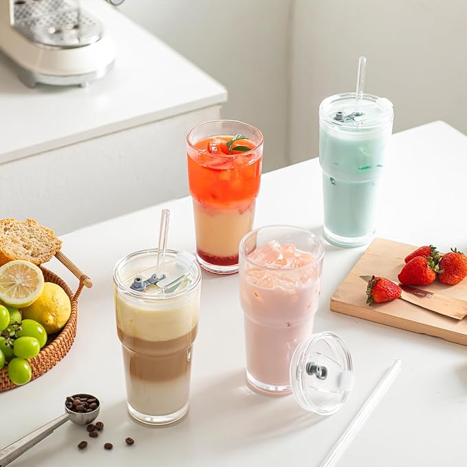 INSETLAN 20oz Glass Tumbler with Glass Straw and Lid, Set of 4 - Thickened Ice Coffee Cup, Glass Cup with Lid and Straw for Smoothie, Tea, Milk, Whiskey, Water and More – Elegant & Durable