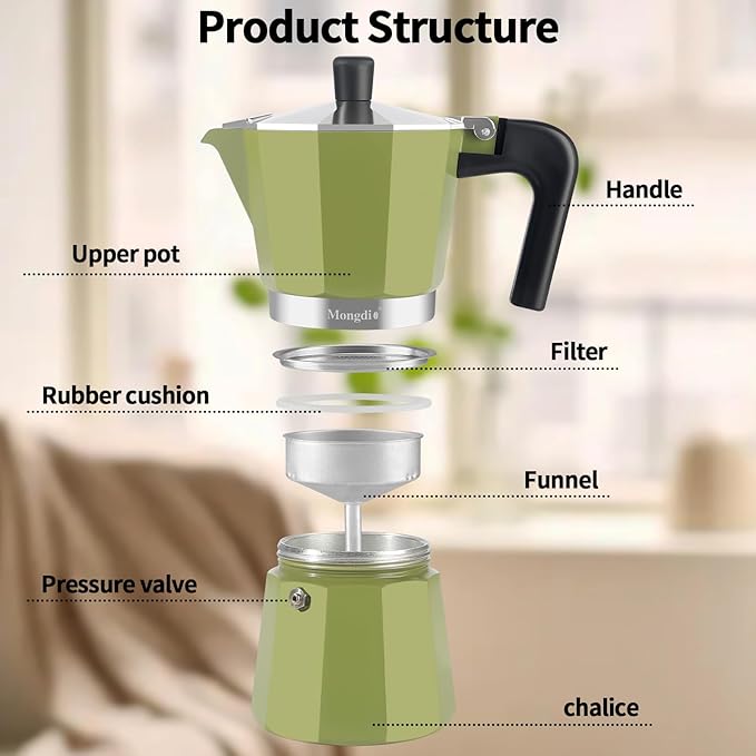 Mongdio Stovetop Espresso Maker Moka Pot, Stove Top Cuban Coffee Maker, Italian Greca Mocha Pot, 6 Espresso Cups, 10 oz - Green
