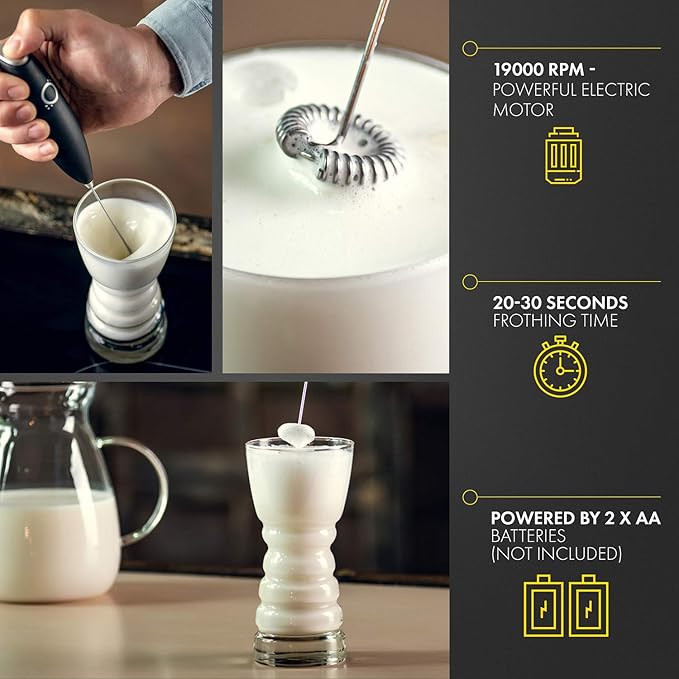 Handheld Milk Frother for Coffee Lattes Cappuccinos Matcha Tea Almond Oat Coconut Milk Electric Drink Mixer Stainless Steel Whisk Battery Operated Hand Frother with Stand & Recipes (Black)