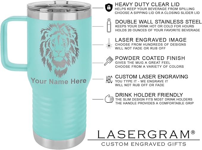 LaserGram 20oz Vacuum Insulated Travel Mug with Handle, Sushi, Personalized Engraving Included (Teal)
