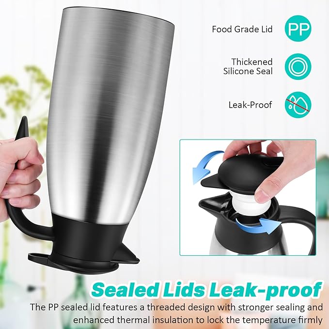 68OZ Thermal Coffee Carafes for Keeping Hot, 2 Liter Stainless Steel Thermal Carafe, Double Wall Vacuum Insulated Pitcher Tea Pot for Coffee Tea Keep Hot 12 Hours, Silver
