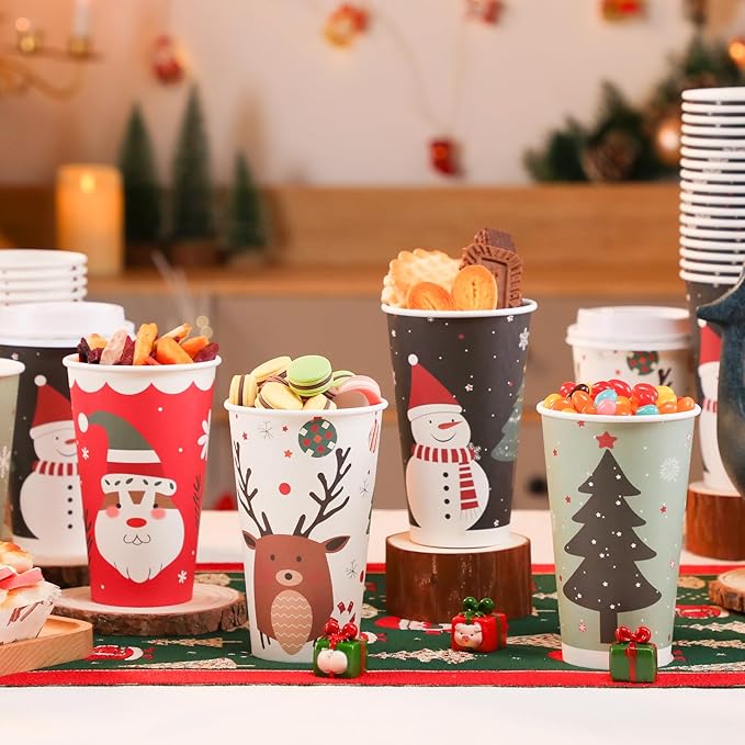 100 Pack 16 oz Christmas Coffee Cups with Lids, Disposable To Go Paper Coffee Cups for Hot/Cold Drinks Office Home Shop Event (Colorful)