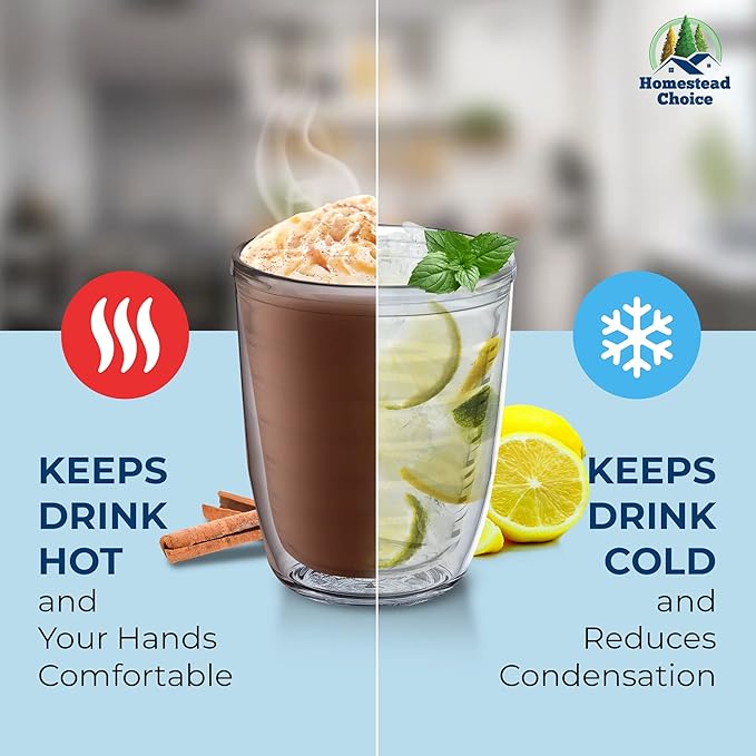 12oz Insulated Tumblers Plastic - Great for Iced Coffee & Hot Drinks, 4 pack Clear Double Wall Insulated Drinking Glasses Cups, BPA-Free, Dishwasher Safe Reusable Cups, Camping, Travel, Kitchen, Party