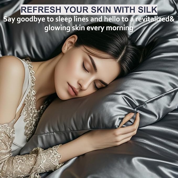 Ravmix Silk Pillow Cases 2 Pack with Zipper, Both Sides 21Momme Mulberry Silk Pillowcase Set of 2 Queen 20×30inches for Sleeping Women Men, for Beauty Sleep Hair Skin, Space Grey
