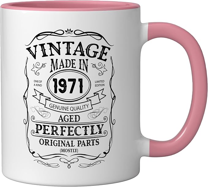 54th birthday, retro Vintage Design, man, woman 1971 Ceramic Mug, Pink/White
