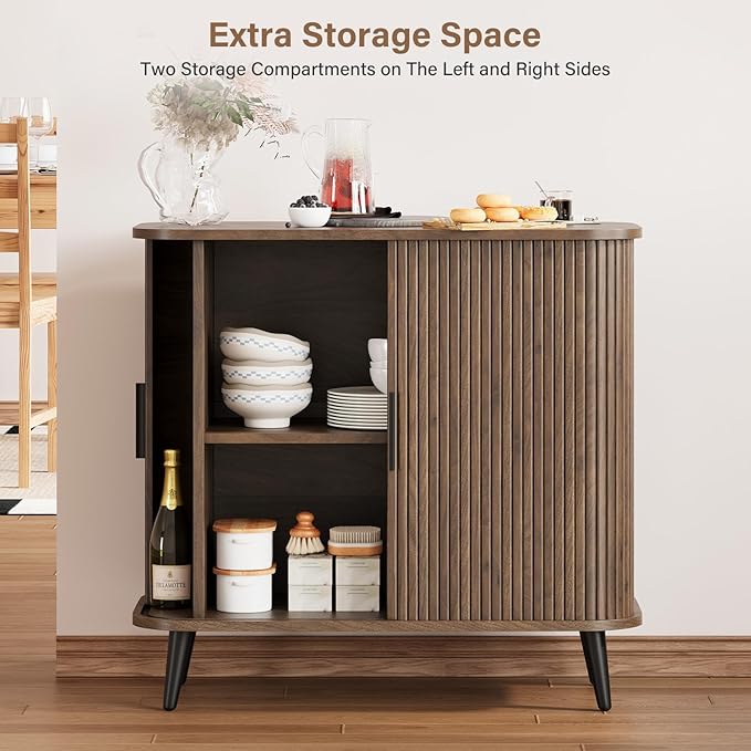 Accent Cabinet with Sliding Doors - Walnut Sideboard Buffet Cabinet with Storage for Coffee Bar, Console Table - MCM Design Bar Cabinets for Modern Home Décor