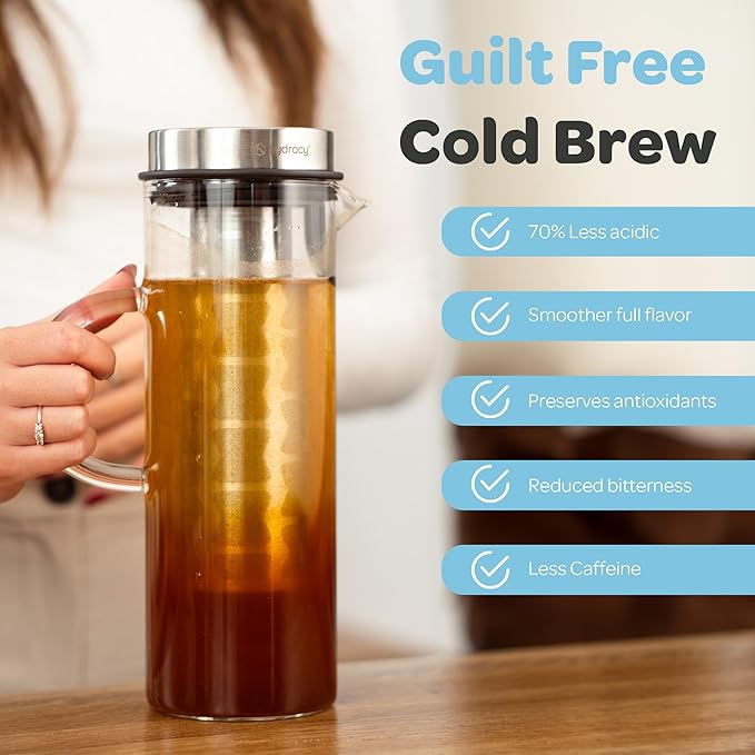 Hydracy Cold Brew Coffee Maker - Large Glass Infusion Pitcher 1.6 Quarts 52oz - Iced Coffee & Iced Tea Pitcher with Stainless Steel Lid & Fruit Infusion Tube - Perfect for Home or Office