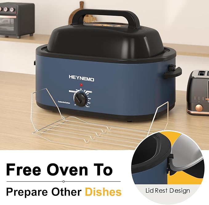 24 Quart Electric Roaster Oven with Visible & Self-Basting Lid, Large Turkey Roaster Oven with Defrost & Warm Function, Adjustable Temperature, Removable Pan & Rack, Stainless Steel, Blue