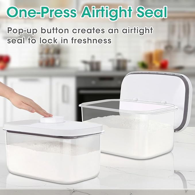 Large Bread Box with Easy-Carrying Handles for Kitchen Countertop, 6.5 Qt Rice Flour Container with Pop Up Lid & Hanging Hooks for Cleaner Use, Airtight Food Storage Bin for Kitchen Organization
