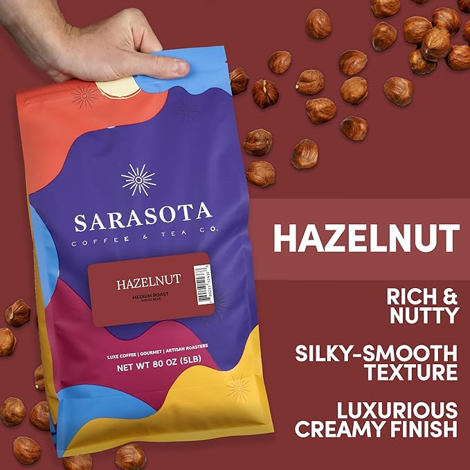 Sarasota Coffee Whole Bean Hazelnut | Medium Roast Gourmet Flavored Coffee Beans | Low Acid, Mold Free, Specialty Grade Bulk Beans | 5lb (80 oz)