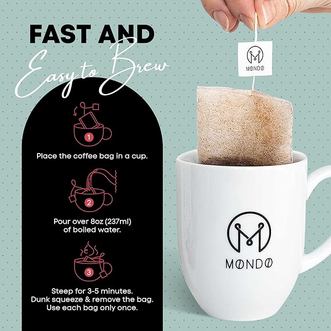 Mondo Single Serve Coffee Bags (20 Cups) Variety Pack - Organic, Medium Roast - Disposable, Portable Coffee Filters for Camping and Travel, Sampler Box of 5 Ground Coffee Flavors