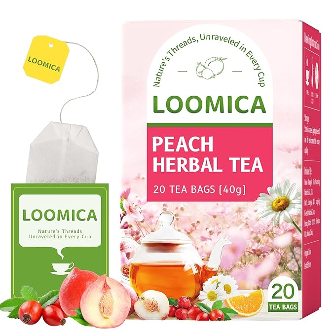 LOOMICA Peach Herbal Tea, Caffeine-Free, Peach Tea Bags with Rosehip, Hibiscus, Chamomile & Orange Peel, Naturally Balanced Sweet & Tangy, Refreshing Fruity Herbal Blend, No Artificial Sugar, 20 Counts