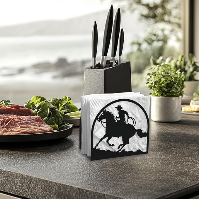 Western Cowboy Riding Horse Decorative Black Metal Napkin Holder for Table, 5.3" x 4.9" x 2" Standing Napkin Holder for Home Kitchen Restaurant Picnic Party Coffee Bar Dining Room