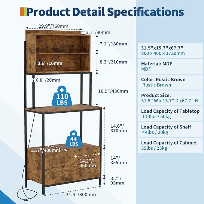 5-Tier Bakers Rack with Power Outlet, 67.7'' Freestanding Microwave Stand, Kitchen Storage Rack with Open Shelves & Cabinet, Industrial Coffee Bar for Pots, Pans & Spices, Rustic Brown