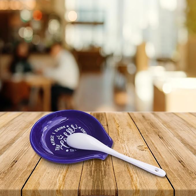 Funny Coffee Quote First I Drink The Coffee Then I Do The Things Ceramic Spoon Holder-Navy Blue Coffee Spoon Rest -Cafe Station Bar Accessories