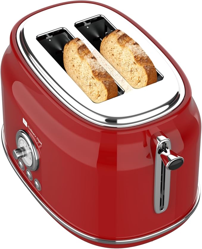 Frigidaire ETO102-WHITE, 2 Slice Toaster, Retro Style, Wide Slot for Bread, English Muffins, Croissants, and Bagels, 5 Adjustable Toast Settings, Cancel and Defrost, 900w, Red