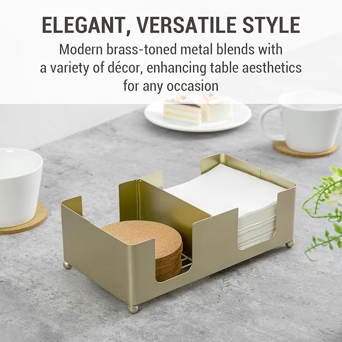 MyGift Disposable Napkin and Drink Coaster Holder, Modern Brass Tone Metal Bar Countertop or Coffee Table Guest Tray Fits Round/Square Coasters & 5'' Napkins