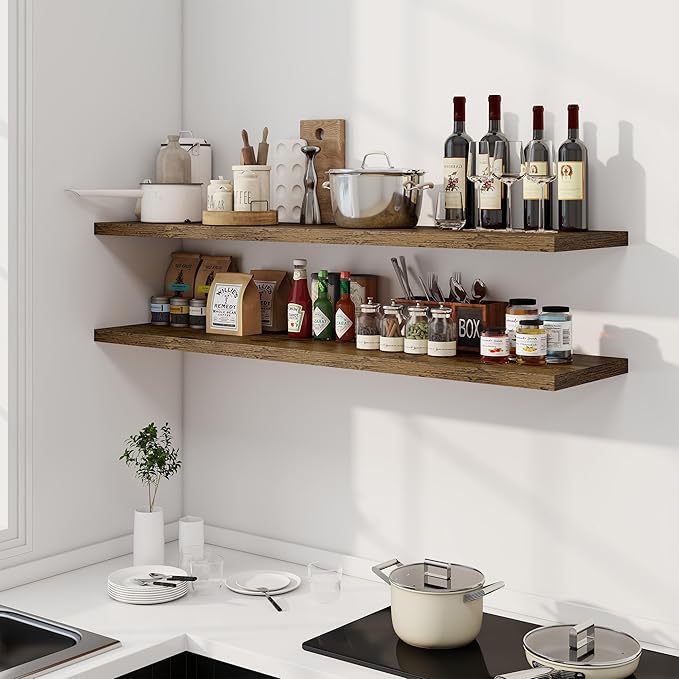 Dreamland 55" Floating Shelves for Wall, 12" Deep Slim Rustic Brown Floating Shelves, Wall-Mounted Shelves for Bedroom, Living Room, Kitchen, Bathroom - Set of 2