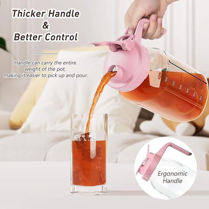 64 oz Glass Pitcher with Lid, Large Wide Mouth Mason Jar with Pour Spout, Pink Sun Tea Jar for Outside, Glass Water Pitcher Great for Drink, Cold Beverages and Breast Milk