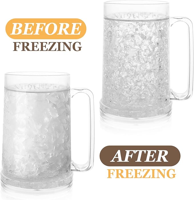 4 Pack Freezer Mugs for Beer 15oz, Double Wall Frozen Beer Mug, Freezer Cups for Drinks, Insulated Plastic Mugs with Handles