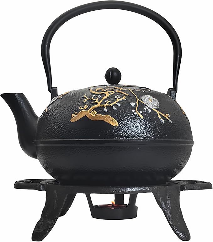 Cast Iron Tea Set with Cast Iron Warmer, Japanese Tetsubin 60.9oz Large Teapot Set with Infuser for Loose Tea, Heavy Tea Kettle for Stovetop Safe, Asian Elegant Durable Teaset Gift