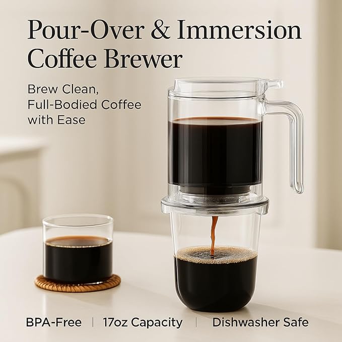 RUIYUE Pour-Over & Immersion Coffee Dripper & Maker, Stop-Valve 17oz Steep-and-Release Brewer, 304 Stainless Steel Mesh Filter, Insulated Handle, Fits Mugs ≤3.5" Rim, BPA-Free (Transparent)