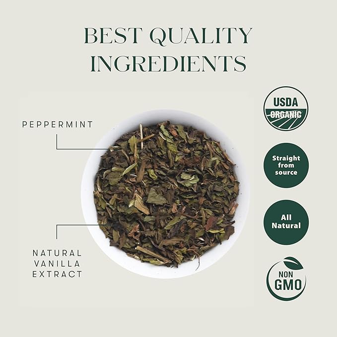 Luxmi Estates - Organic Peppermint Tea with Natural Vanilla Extract - Loose Leaf - 25g (12 Cups) Tea Bags, Limited Fall Tea With the Natural Sweetness of Vanilla, Perppermint Aids Digestion