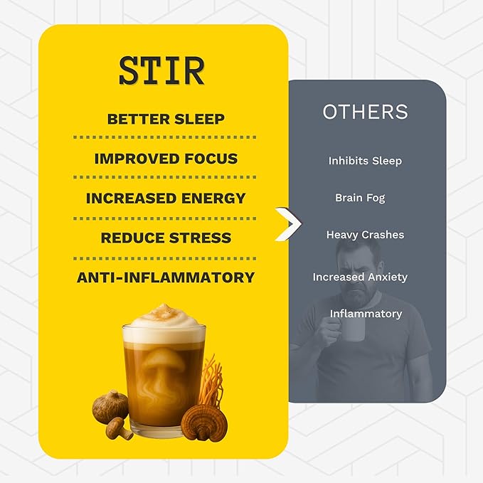 STIR Premium Instant Mushroom Coffee | Lion’s Mane, Chaga, Reishi, Cordyceps, Shiitake, Turkey Tail | Organic Cacao, Vanilla, Coconut MCTs | Focus, Energy, Digestion Support | 30 Servings