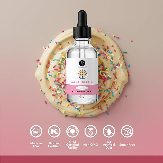 Dolce Flav Natural Cake Batter Extract – 2 Ounce Water-Soluble Kosher, Sugar-Free, Concentrated Birthday Cake Flavor for Frosting, Cupcakes & Ice Cream, Includes Measured Dropper