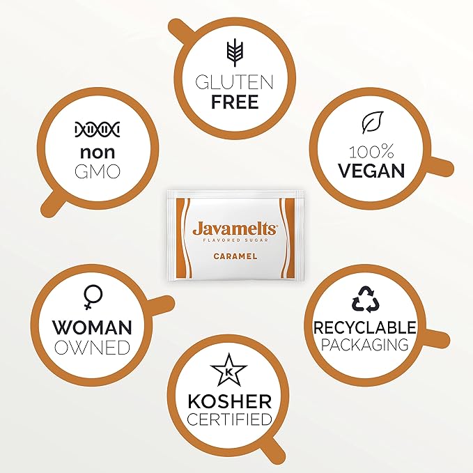 Javamelts Caramel Flavored Sugar Packets | Pure Cane Sugar for Baking, Coffee Syrup Substitute, Cocktails, Tea | Non GMO, Non Dairy, Gluten Free, Kosher | 200 Bulk Sugar Packets