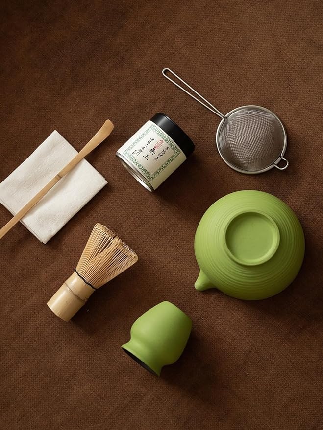 6-pcs Japanese Matcha Whisk Set, Handmade Ceramic Matcha Set with Bowl(Chawan),Bamboo Whisk(Chasen) and Holder, Scoop, Sifter & Tea Towel,Matcha Kit for Ceremony (Matcha Green)