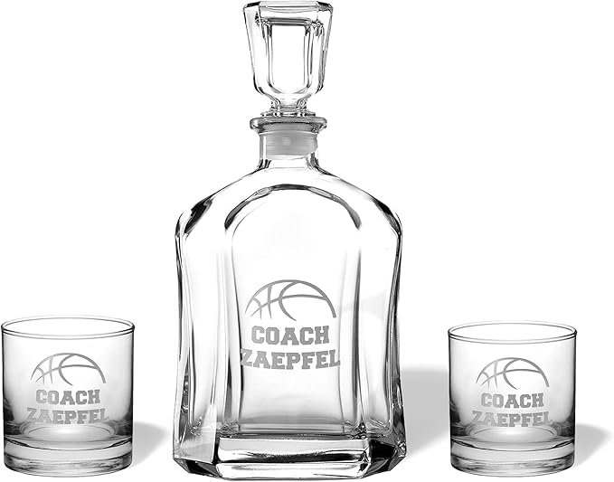 Basketball Whiskey Glass - Personalized Basketball Coach Glass Engraved Coach Award Thank You Gifts for Men End of Season Gifts for Coaches (Basketball, Whiskey Decanter Gift Box)
