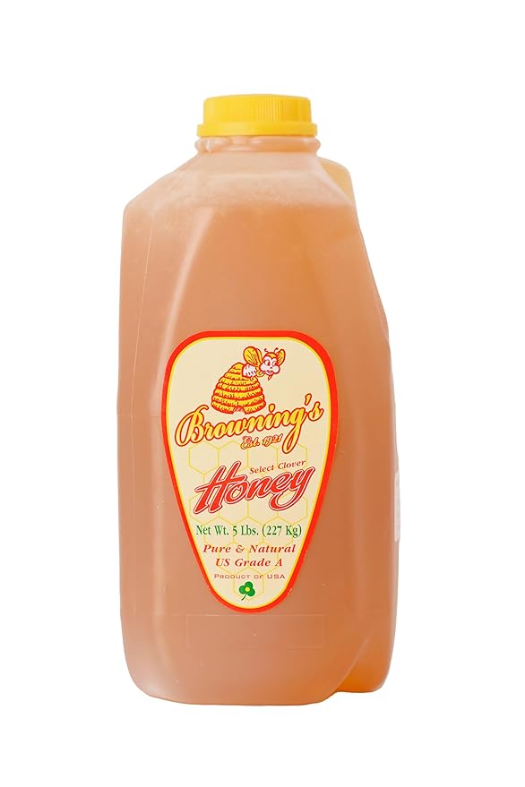 Browning's Honey Jug - Pure Raw Clover Honey, Natural Sweetener, Unfiltered and Unpasteurized, Perfect for Cooking, Baking, and Beverages (5 lb Jug)