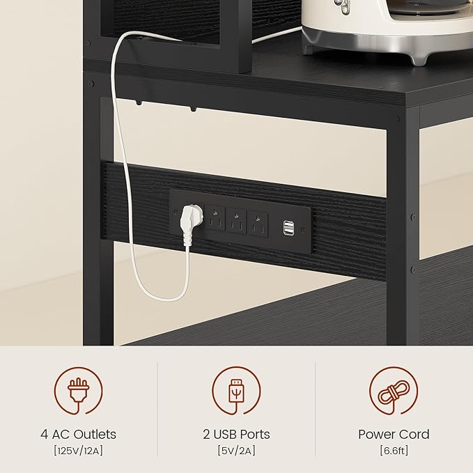 47.2 in Bakers Rack with Power Outlet & LED Light, Coffee Bar with Coffee Pod Holder for Vetuo, Kitchen Microwave Stand with Storage Shelves, Paper Holder, Cabinet, Wire Basket, 8 Hooks (Black)
